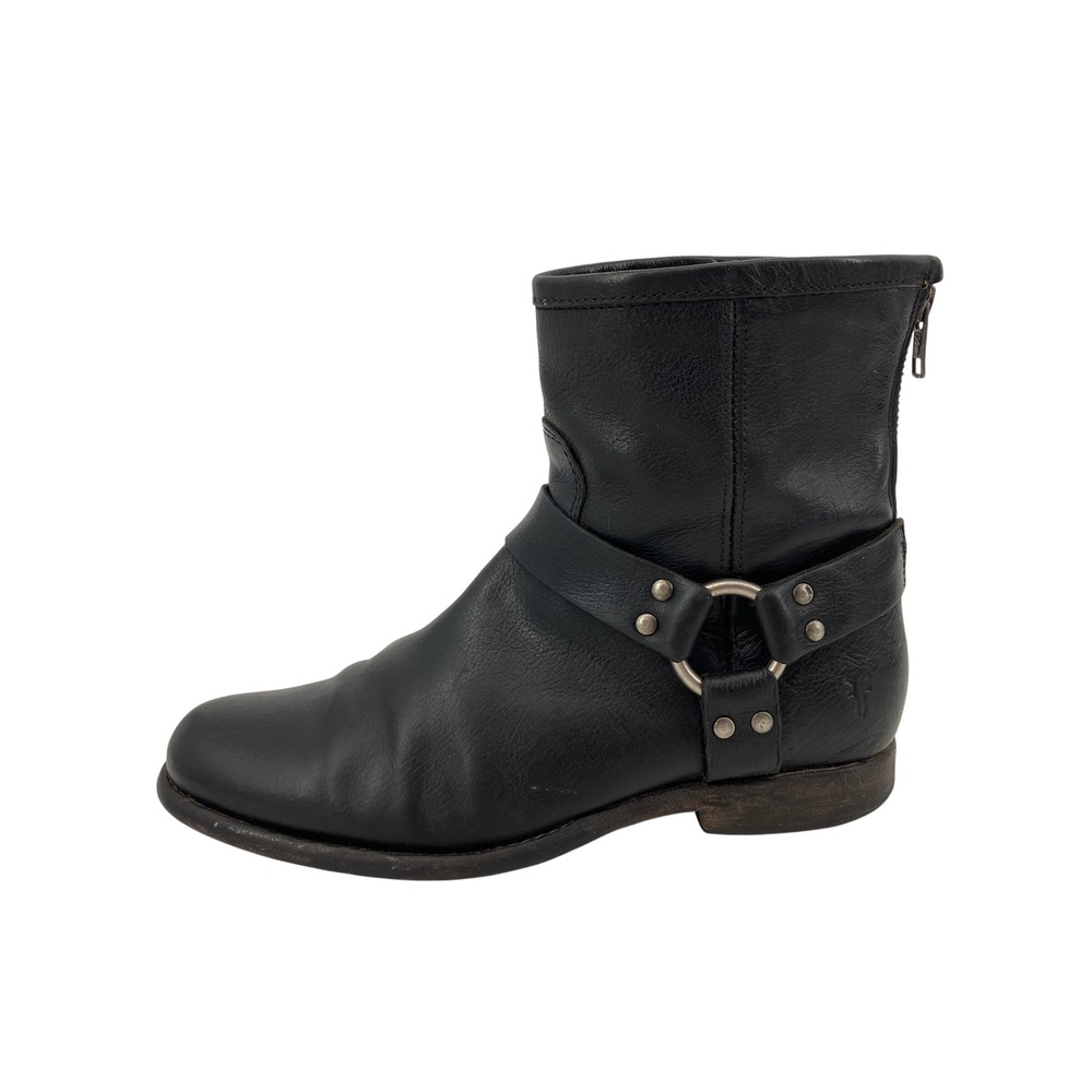 Frye Harness Ankle Boots Womens 8.5 Black Leather Back Zip Moto 76371